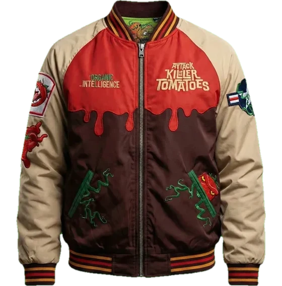 The exclusive SDCC Killer Tomato varsity jacket: tan sleeves, red and brown body with a dripping tomato motif and embroidered patches.