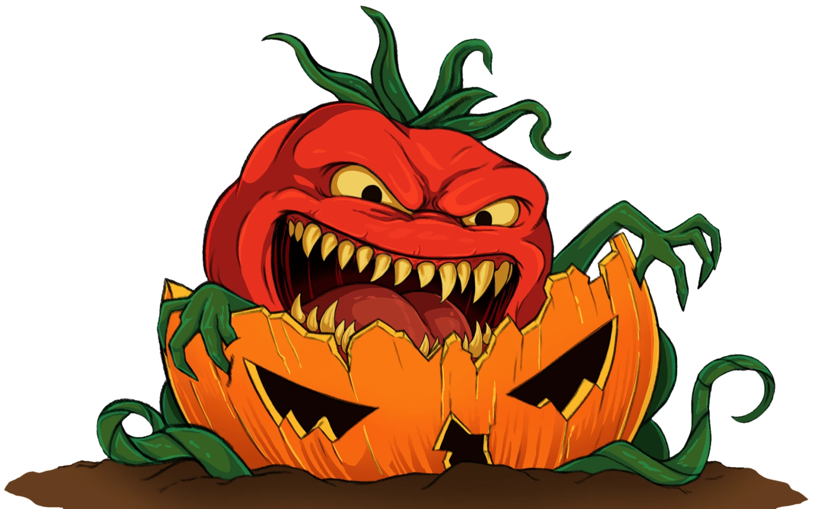 A killer tomato bursting out of a carved jack-o-lantern, vines clawing over the rind.